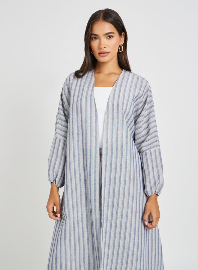 ستايلي كيمونو طويل مخطط بمظهر كتان بقصة عادية - Image 1